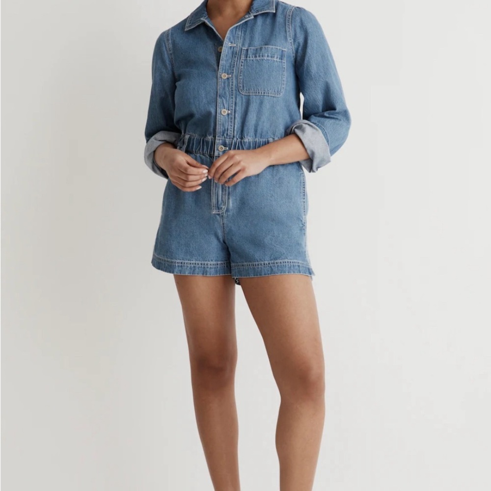Denim Long-Sleeve Romper in Rushland Wash
